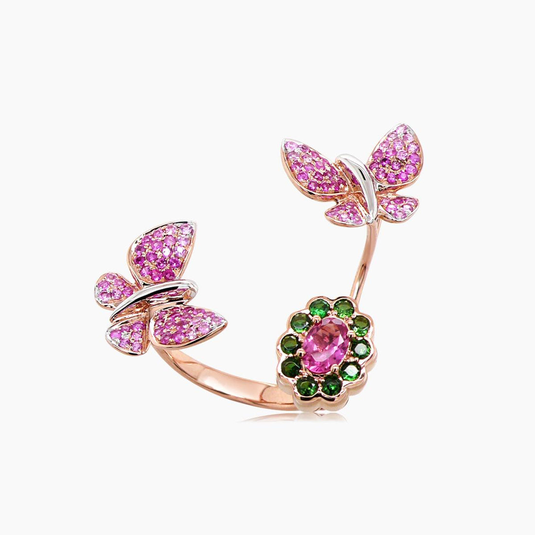 Pink Sapphire & Diamonds & Tourmaline Butterfly Sweet 18K Rose Gold Animal Ring