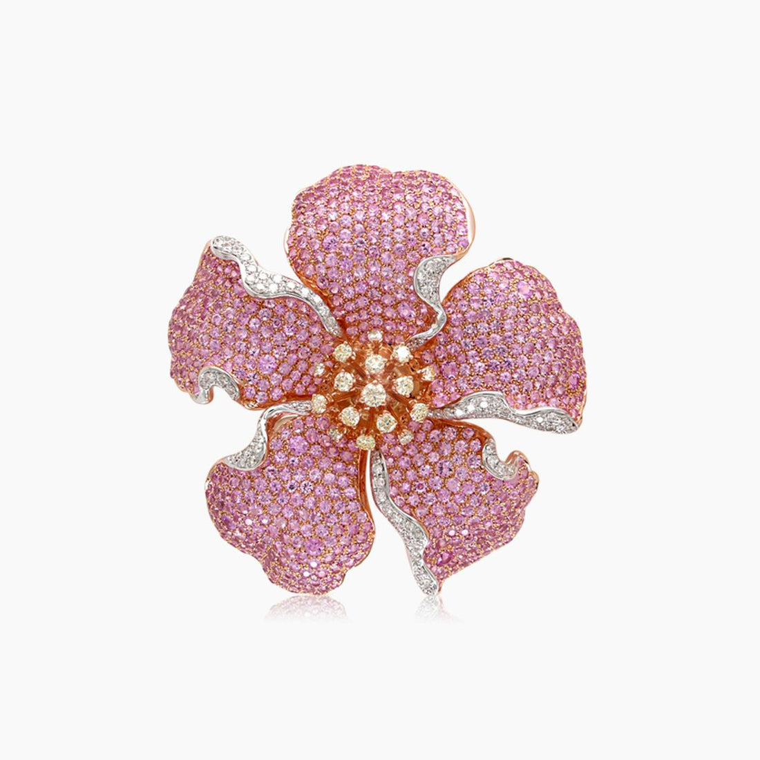 Pink Sapphire White & Fancy Diamond Lilly Flower Rose Gold Floral Design Ring