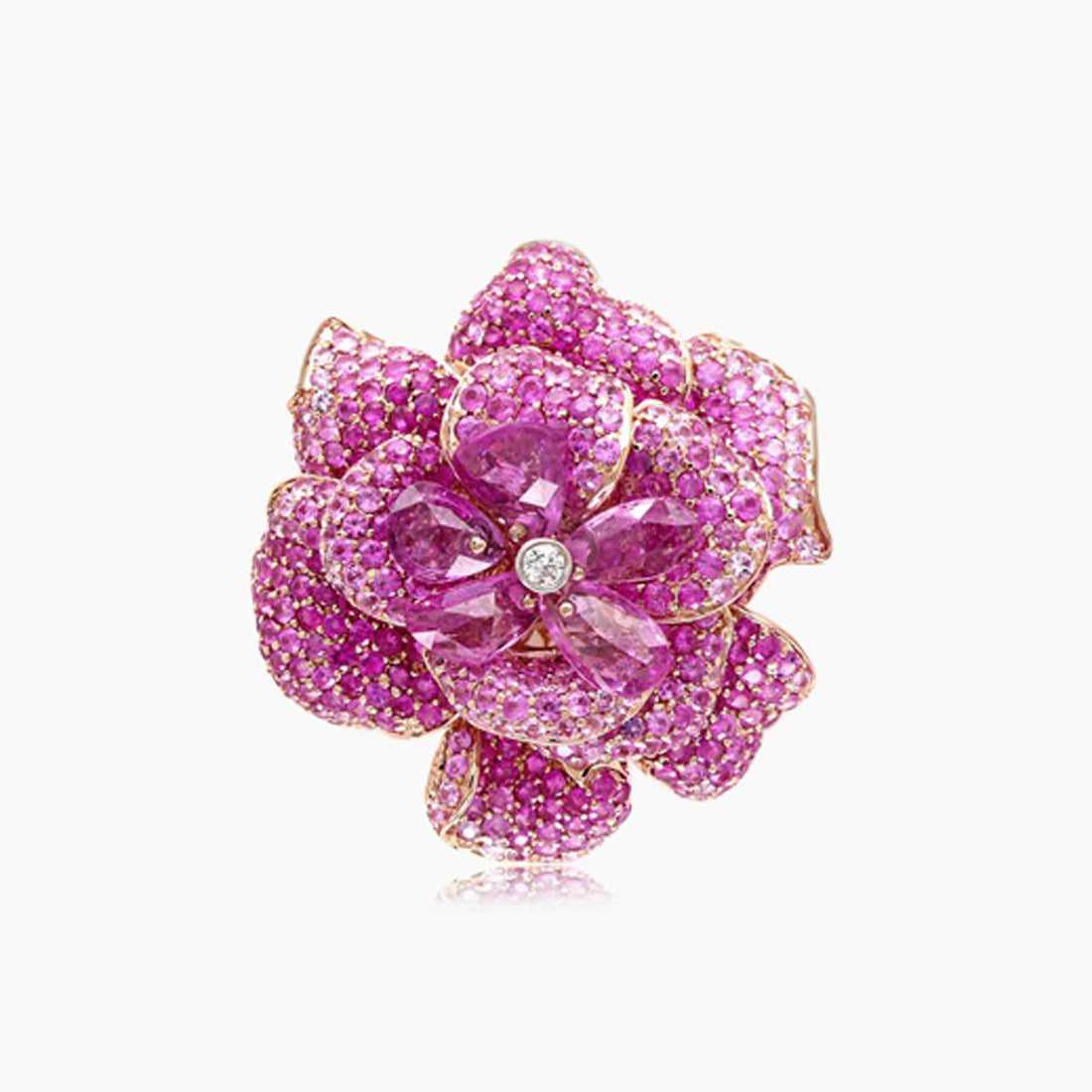 Pink Sapphire & White Diamond Pave Lilly Flower Floral 18K Rose Gold Ring