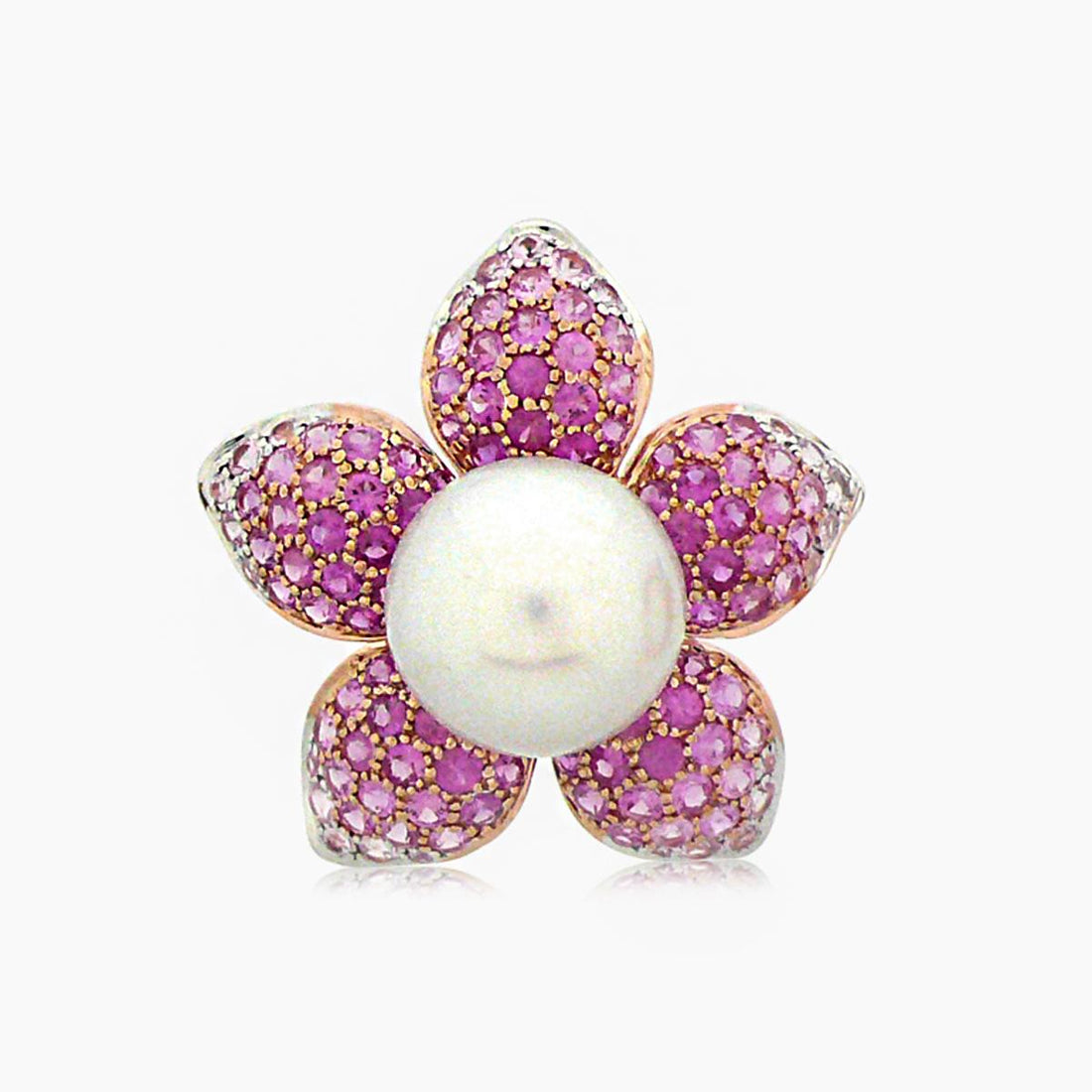 South Sea White Pearl & Pink Sapphire Pave Set 18K Rose Gold Ring
