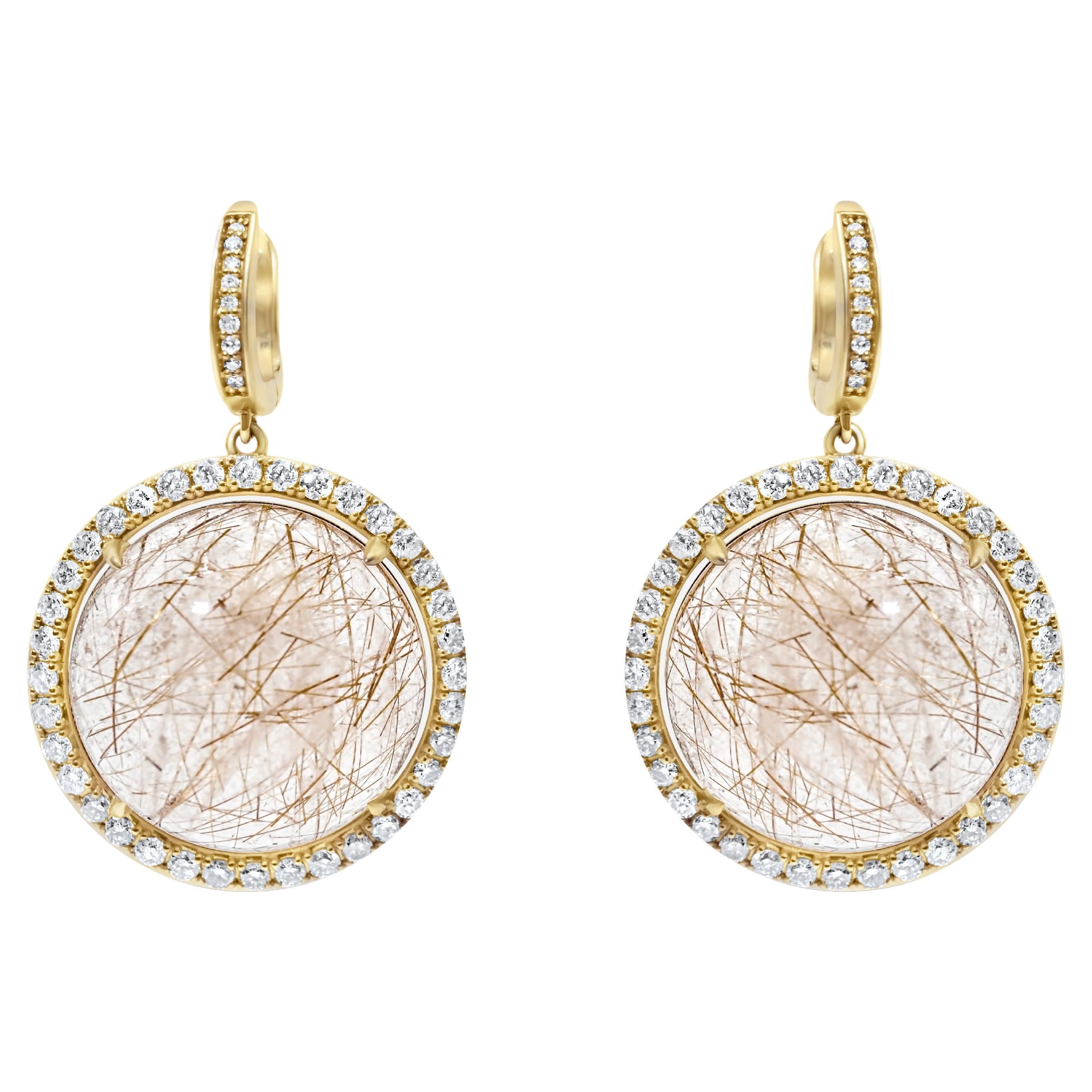 Peach Pink Rutilated Quartz Round Cabochon Diamonds Halo Drop 14k Gold Earrings