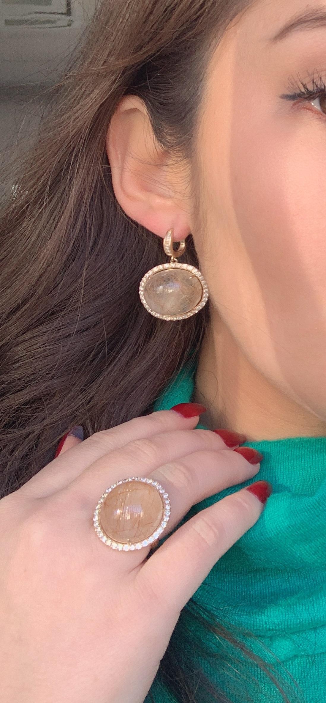 Peach Pink Rutilated Quartz Round Cabochon Diamonds Halo Drop 14k Gold Earrings