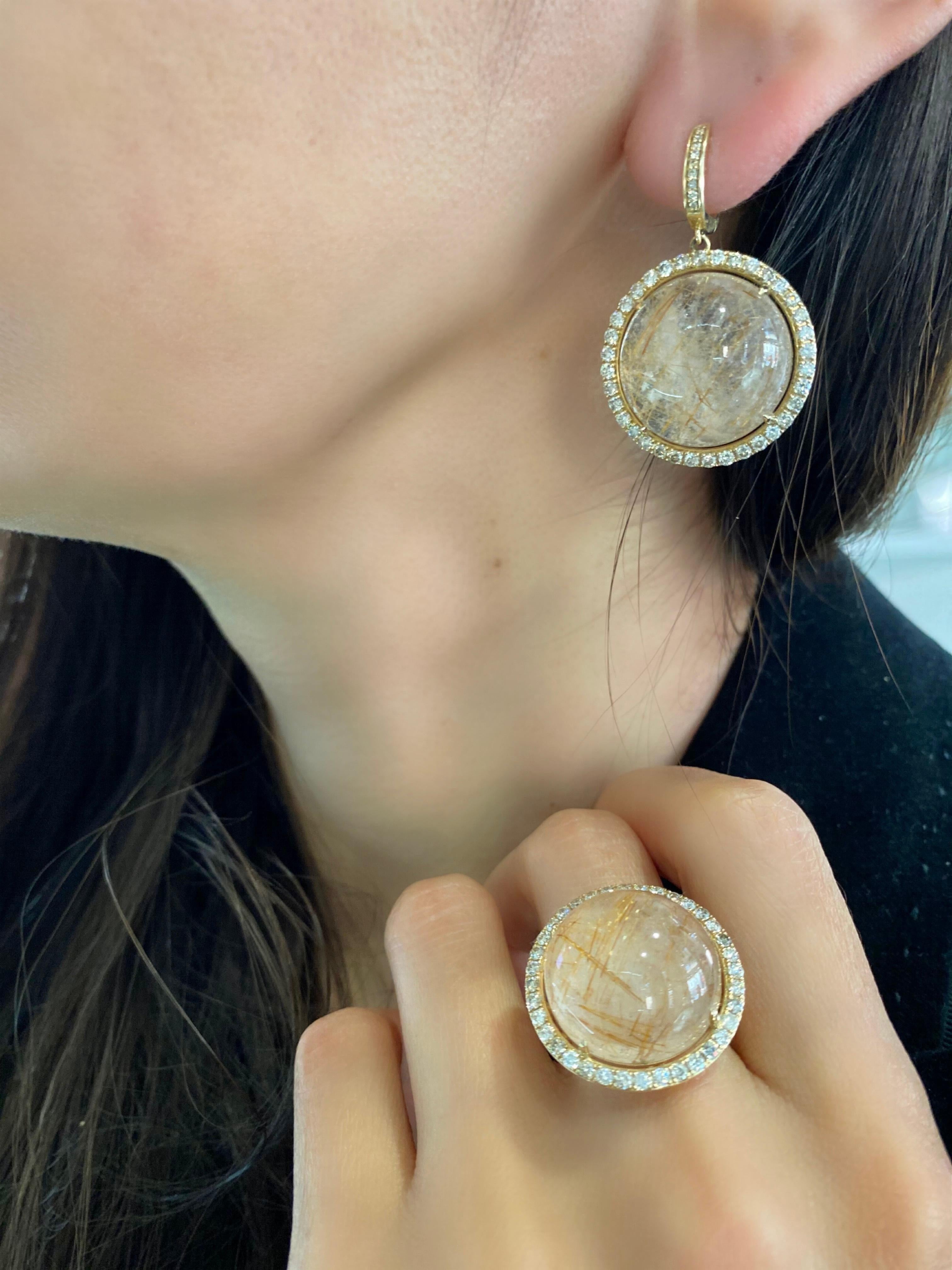 Peach Pink Rutilated Quartz Round Cabochon Diamonds Halo Drop 14k Gold Earrings