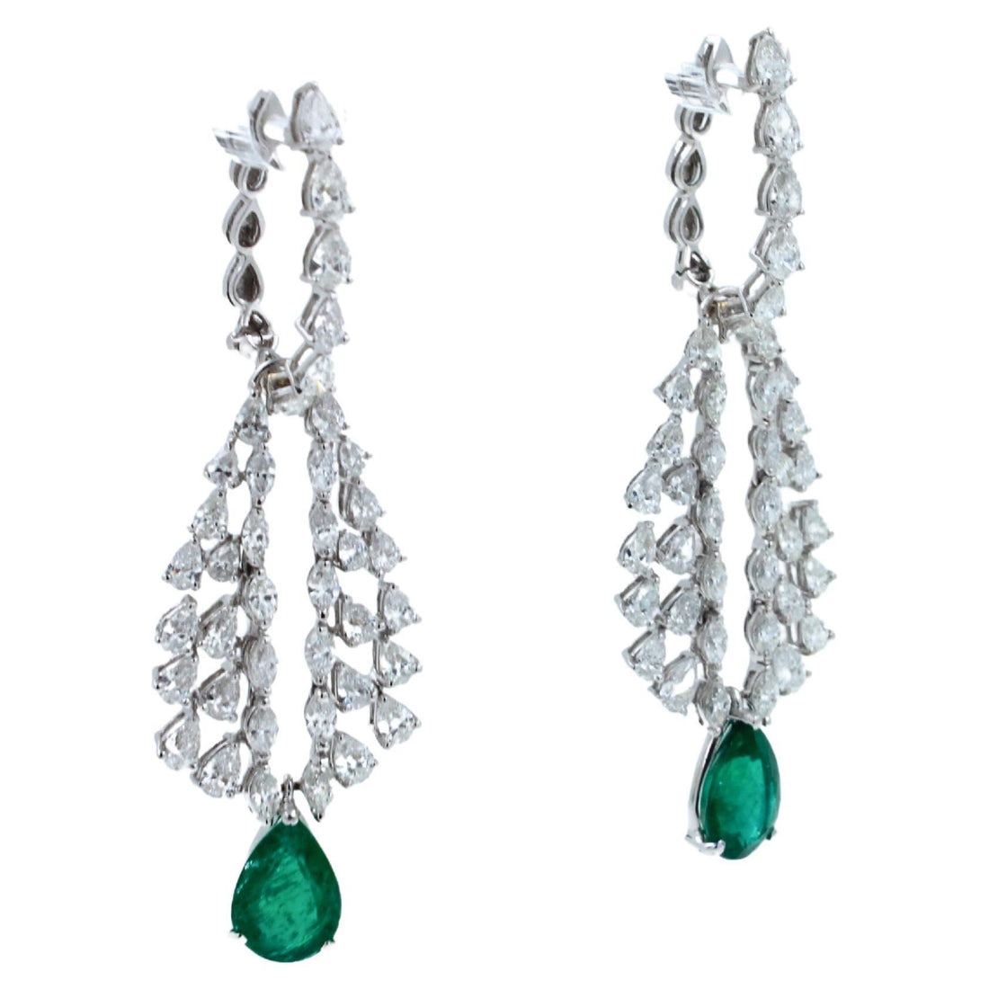 Pear Cut Drop Shape Green Emerald Diamond Feather Luxury 18k White Gold Earrings