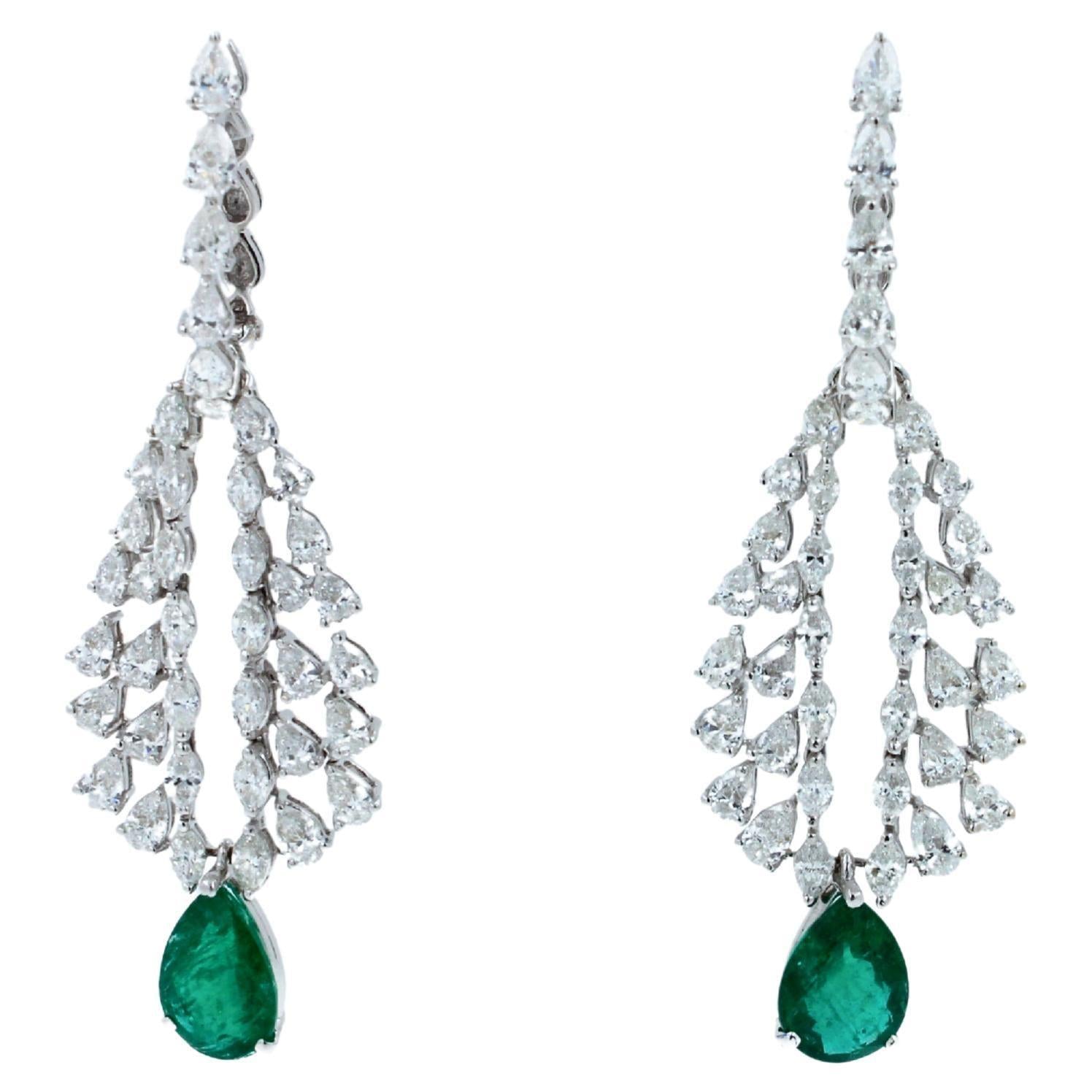 Pear Cut Drop Shape Green Emerald Diamond Feather Luxury 18k White Gold Earrings