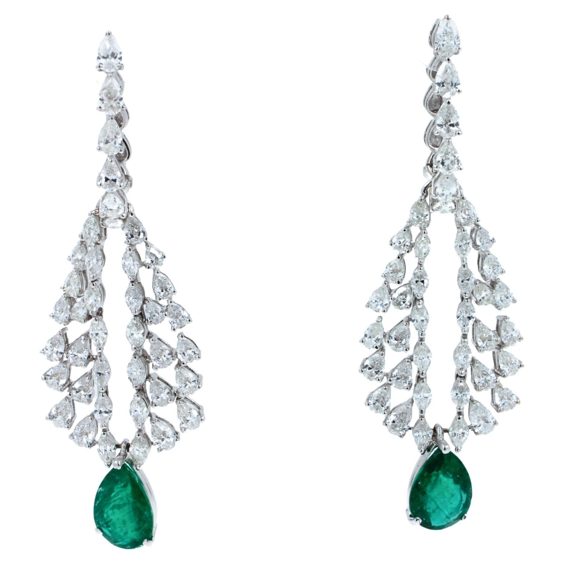 Pear Cut Drop Shape Green Emerald Diamond Feather Luxury 18k White Gold Earrings