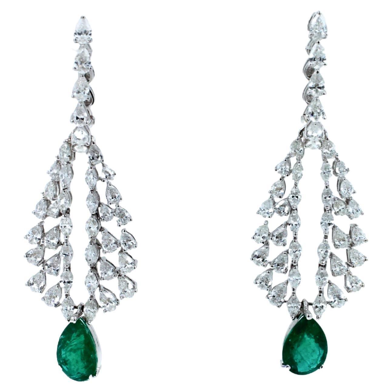 Pear Cut Drop Shape Green Emerald Diamond Feather Luxury 18k White Gold Earrings