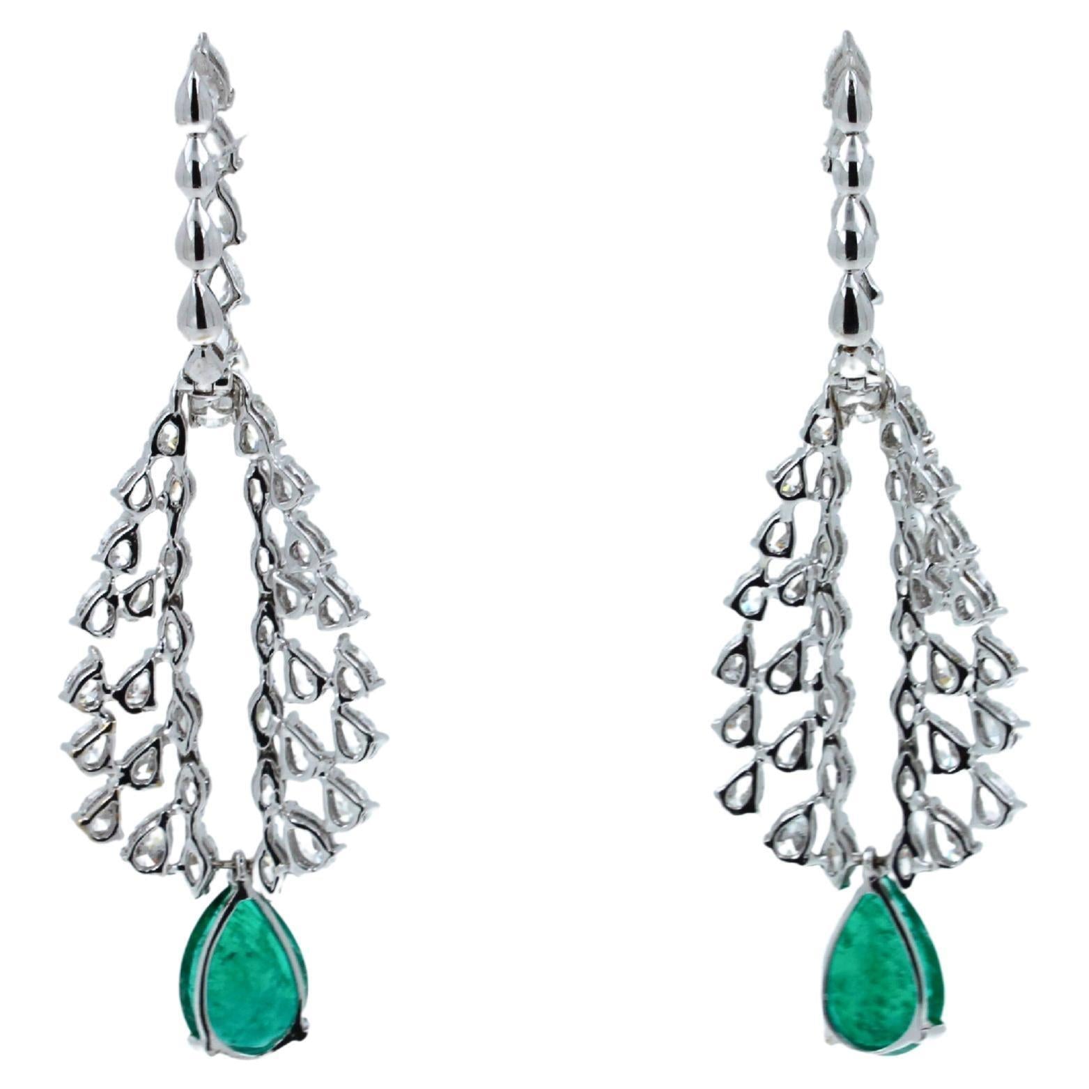 Pear Cut Drop Shape Green Emerald Diamond Feather Luxury 18k White Gold Earrings
