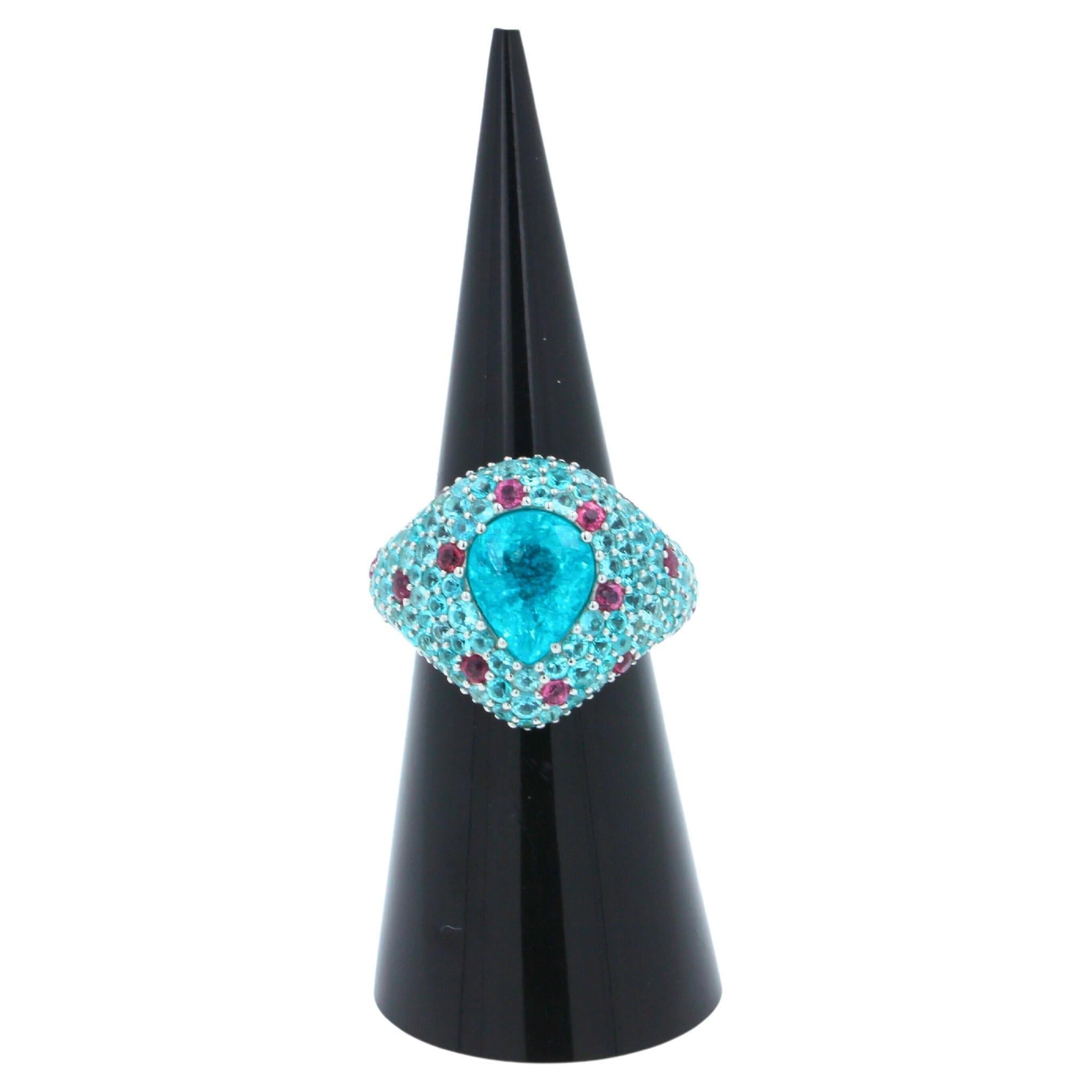 Pear Cut Drop Shape Teal Blue Paraiba Tourmaline Pave 18k White Gold Unique Ring