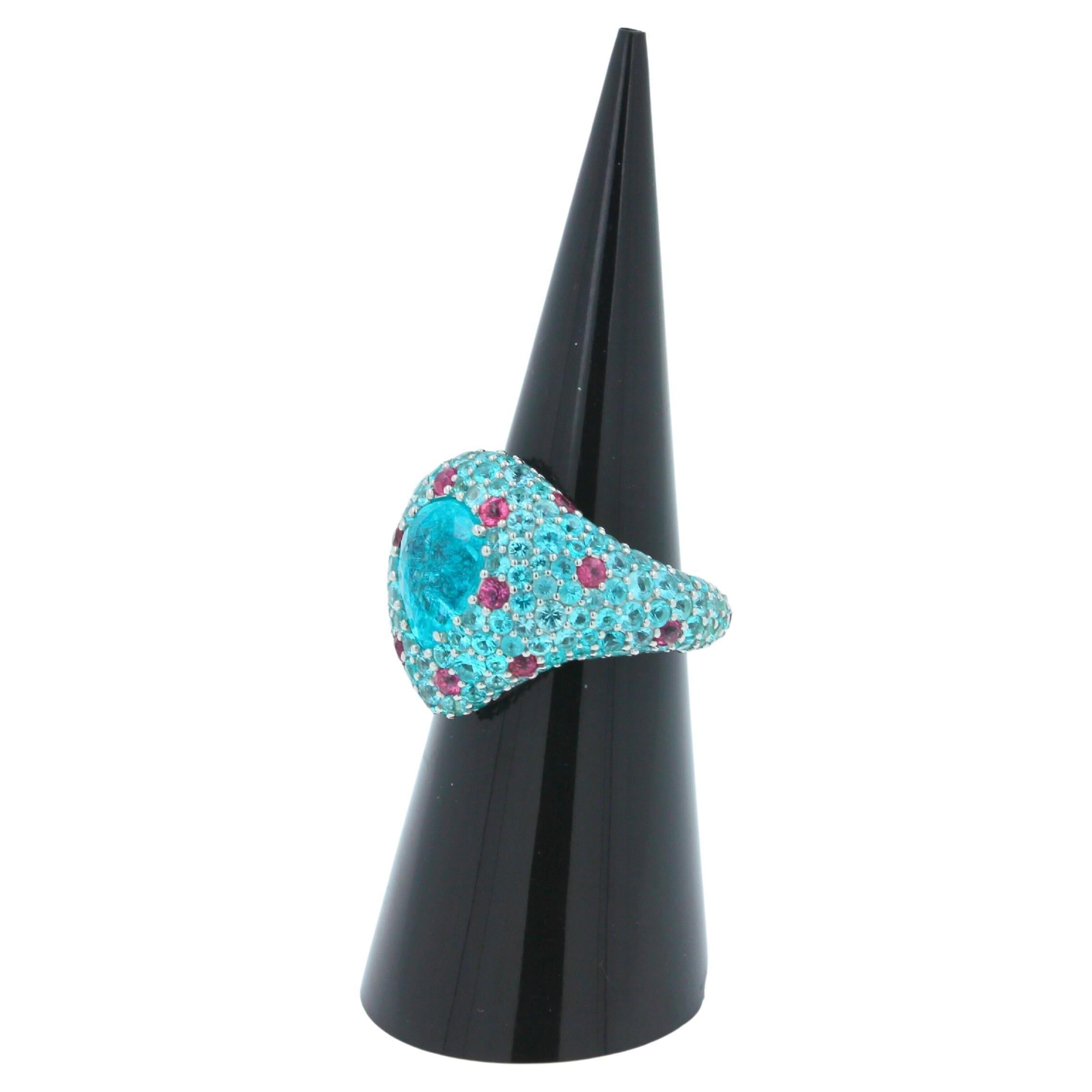 Pear Cut Drop Shape Teal Blue Paraiba Tourmaline Pave 18k White Gold Unique Ring
