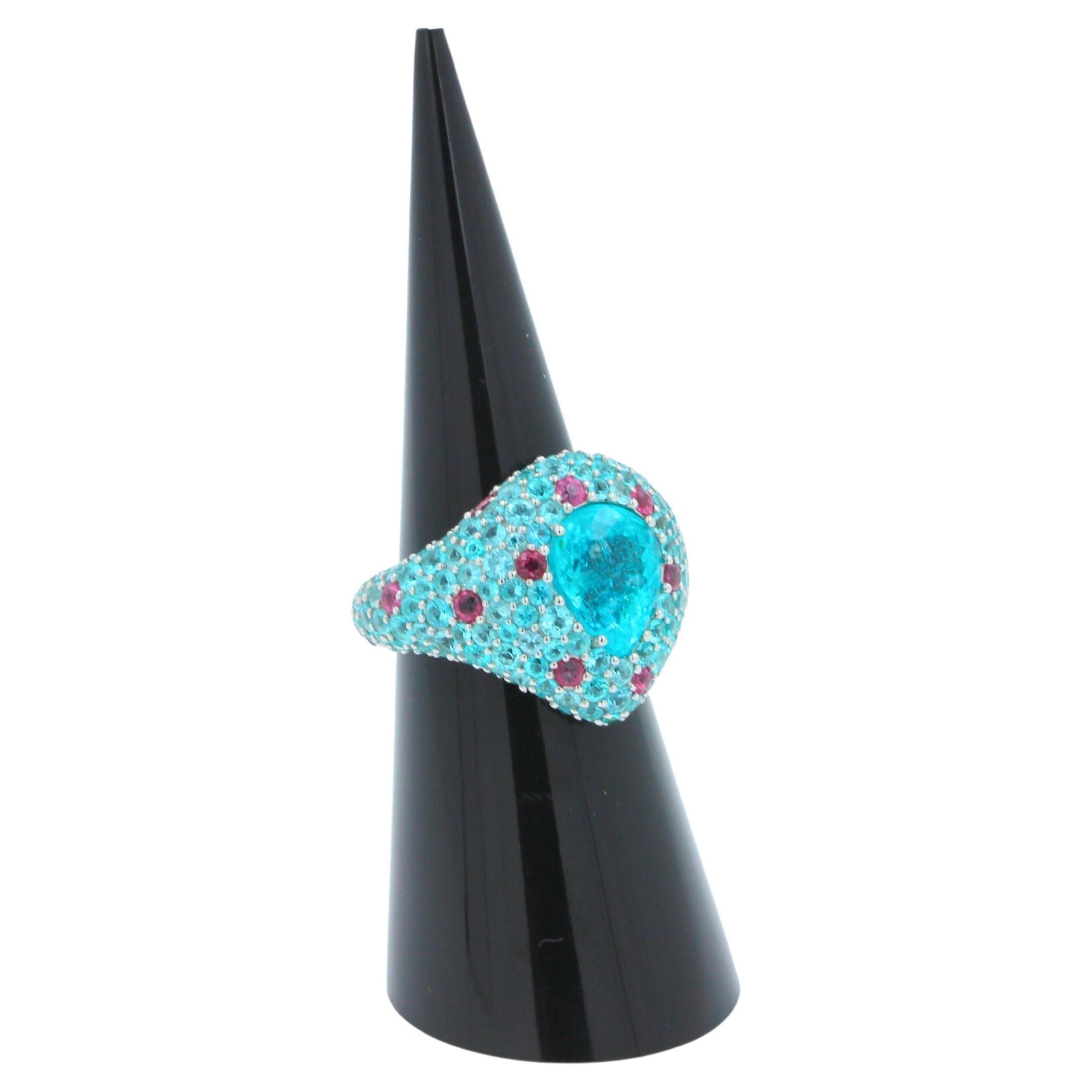 Pear Cut Drop Shape Teal Blue Paraiba Tourmaline Pave 18k White Gold Unique Ring