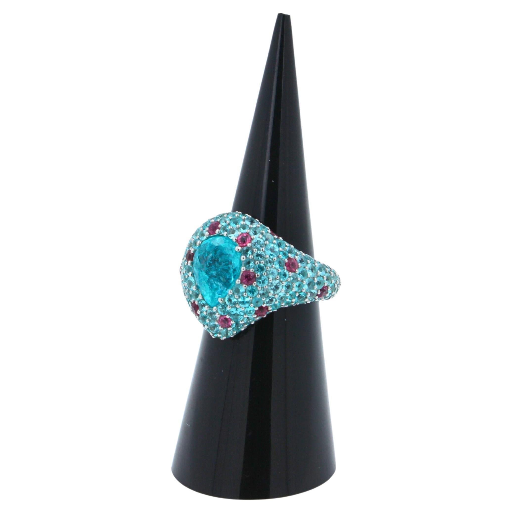 Pear Cut Drop Shape Teal Blue Paraiba Tourmaline Pave 18k White Gold Unique Ring