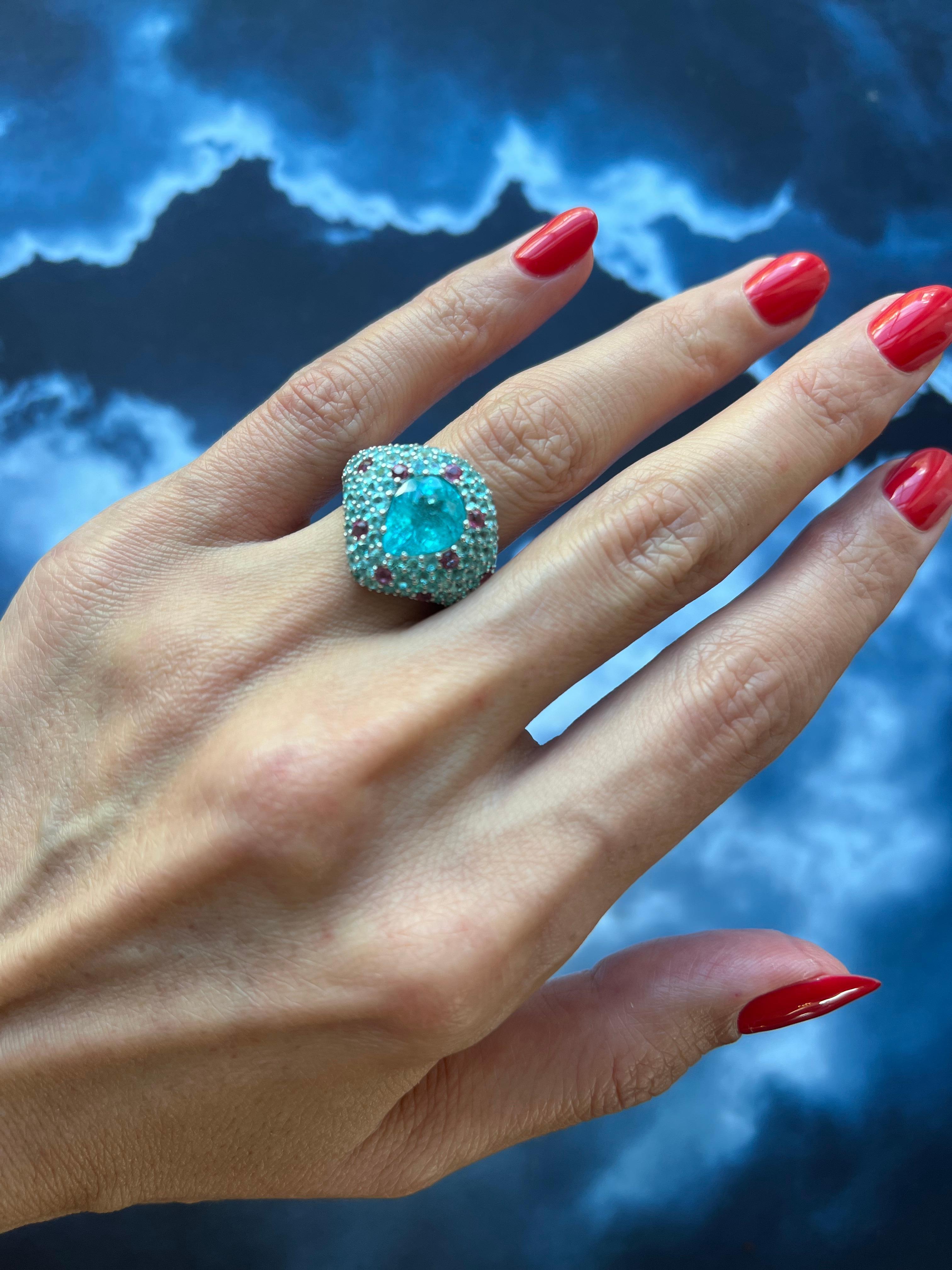 Pear Cut Drop Shape Teal Blue Paraiba Tourmaline Pave 18k White Gold Unique Ring