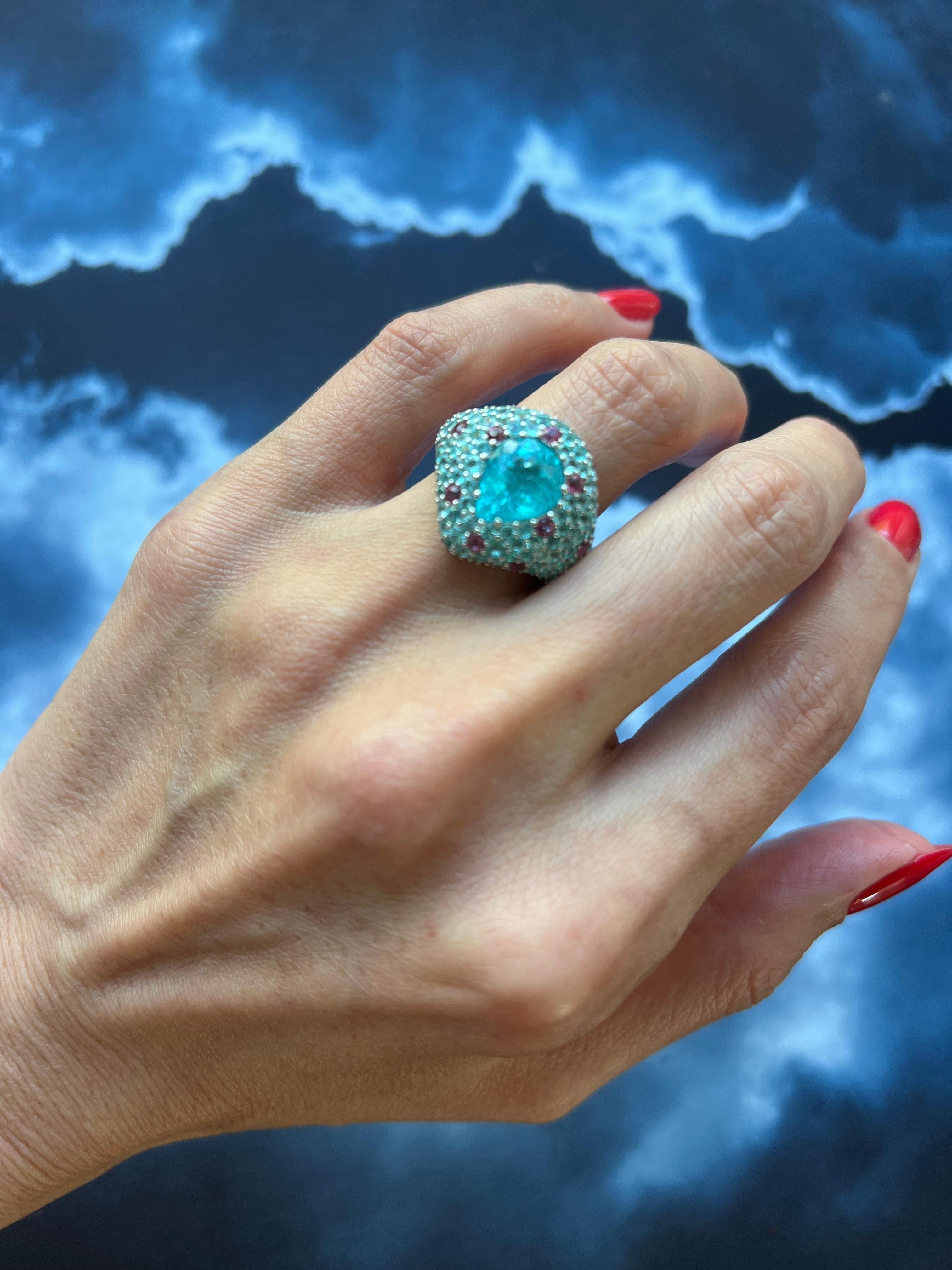 Pear Cut Drop Shape Teal Blue Paraiba Tourmaline Pave 18k White Gold Unique Ring