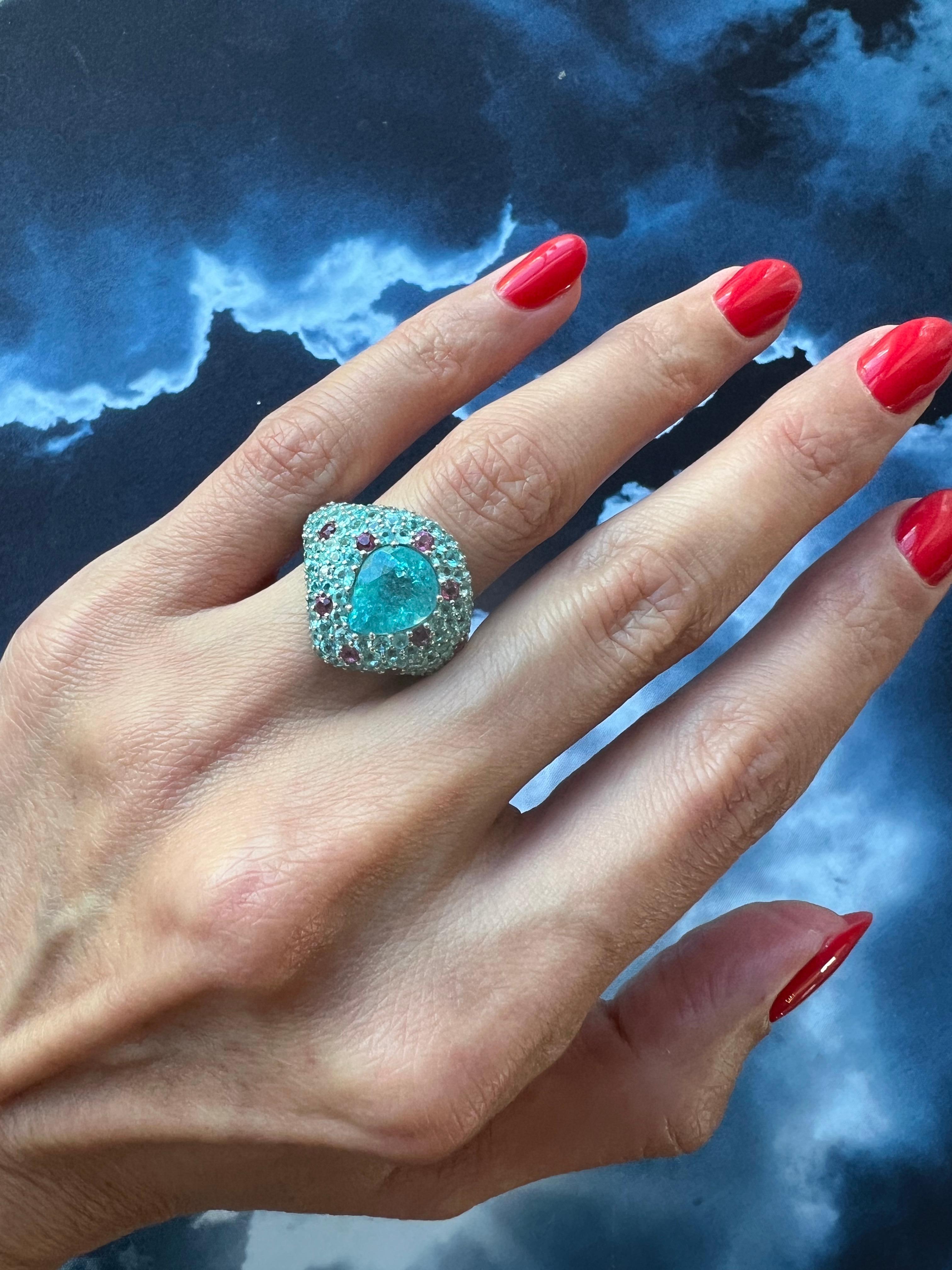 Pear Cut Drop Shape Teal Blue Paraiba Tourmaline Pave 18k White Gold Unique Ring