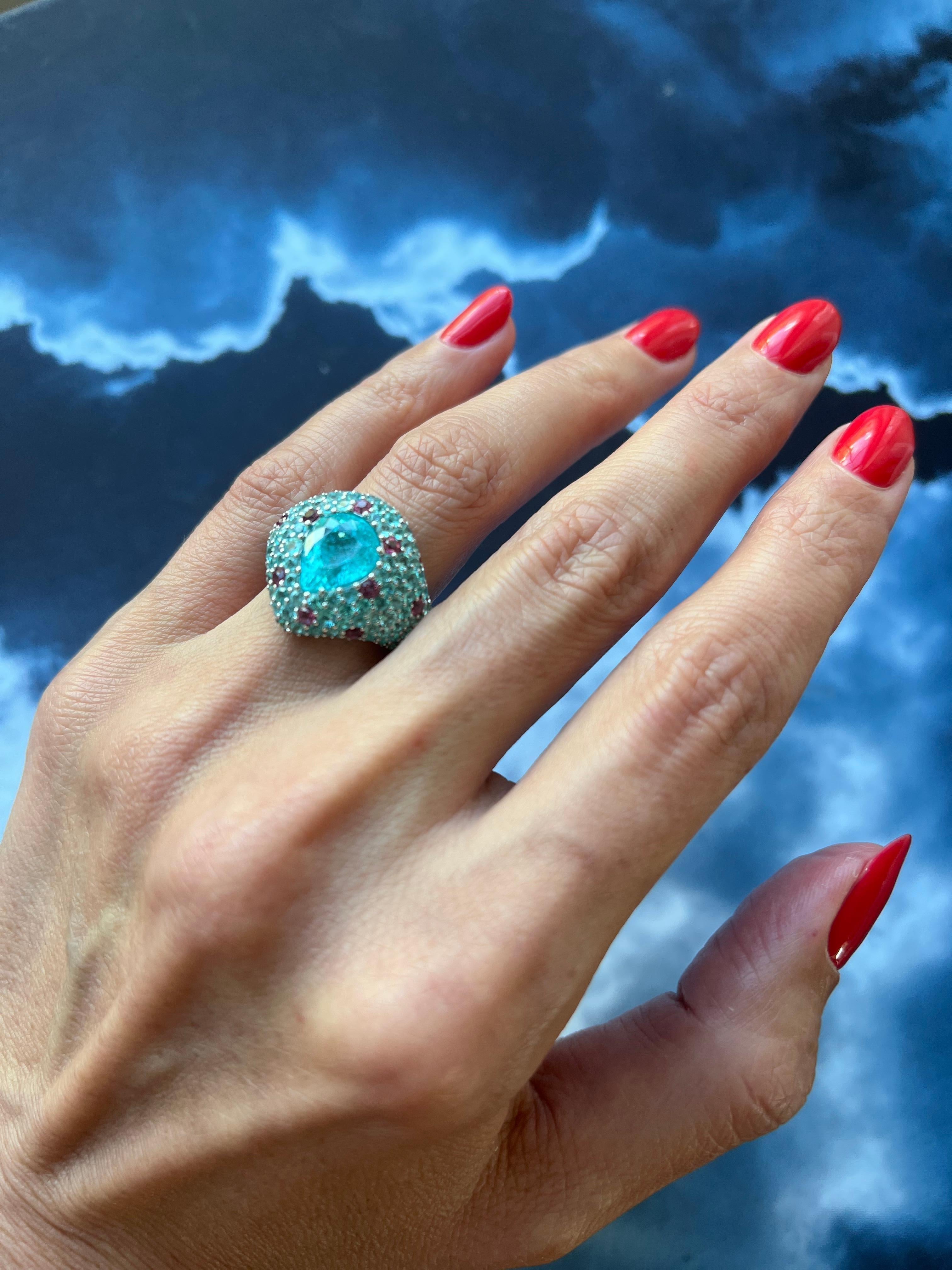 Pear Cut Drop Shape Teal Blue Paraiba Tourmaline Pave 18k White Gold Unique Ring