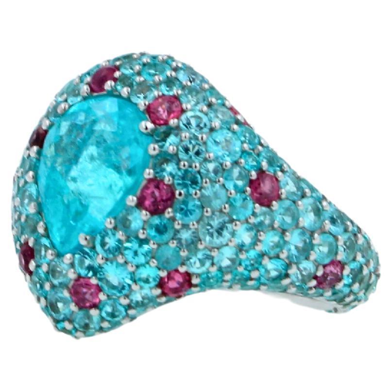 Pear Cut Drop Shape Teal Blue Paraiba Tourmaline Pave 18k White Gold Unique Ring