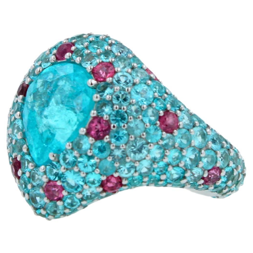 Pear Cut Drop Shape Teal Blue Paraiba Tourmaline Pave 18k White Gold Unique Ring