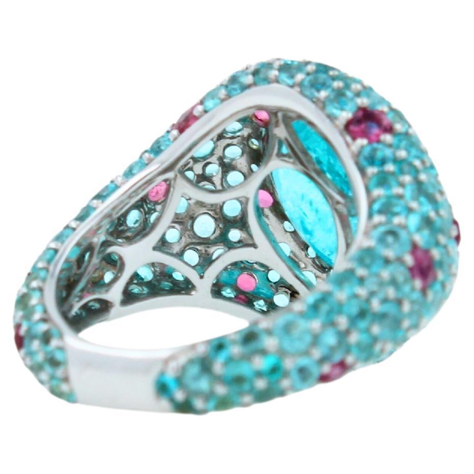Pear Cut Drop Shape Teal Blue Paraiba Tourmaline Pave 18k White Gold Unique Ring
