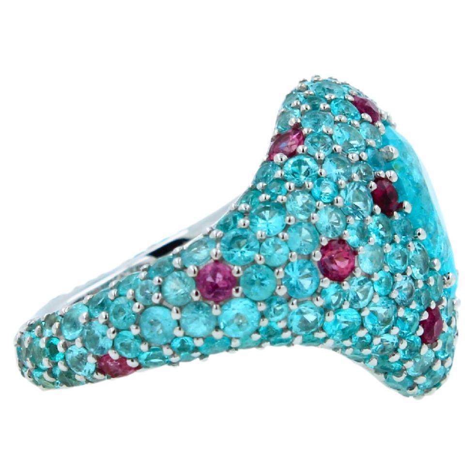 Pear Cut Drop Shape Teal Blue Paraiba Tourmaline Pave 18k White Gold Unique Ring