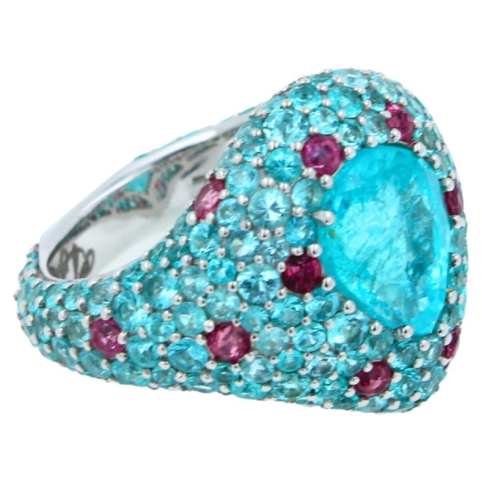 Pear Cut Drop Shape Teal Blue Paraiba Tourmaline Pave 18k White Gold Unique Ring