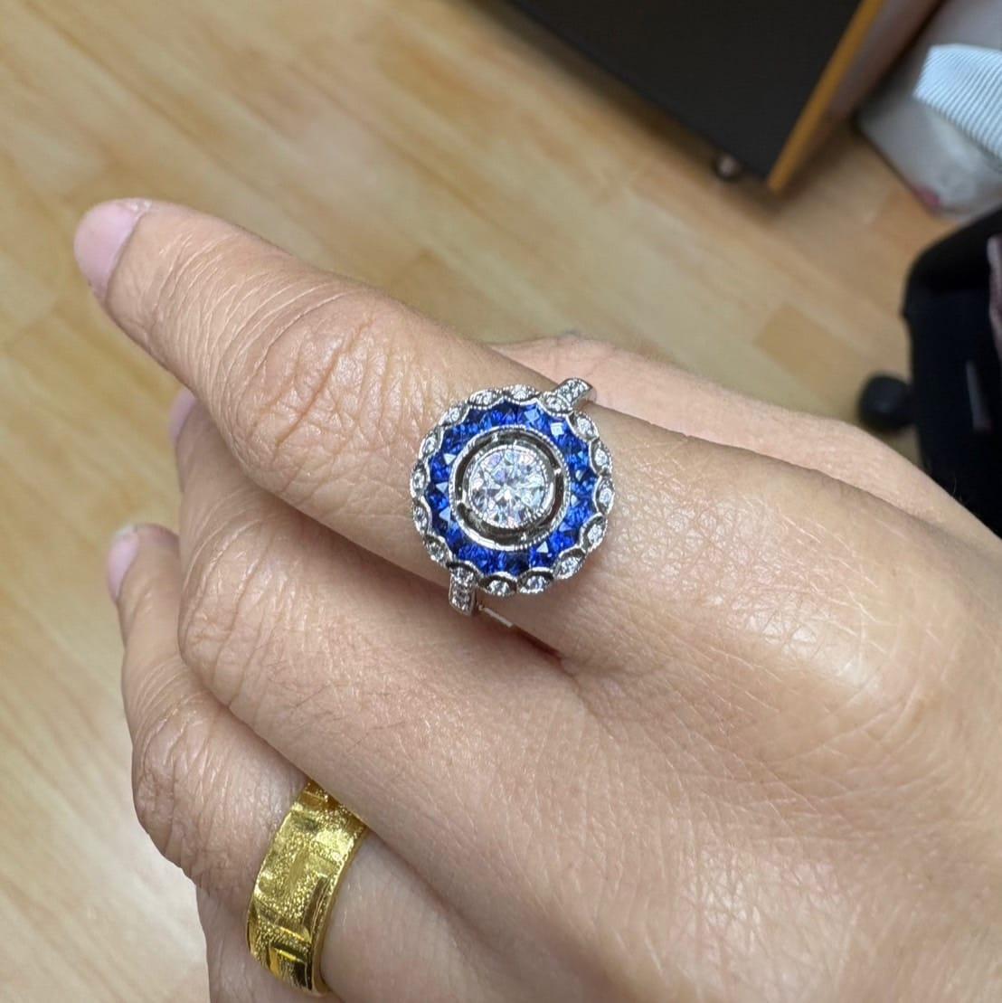 Diamond & Blue Sapphire Fancy Cut Art Deco Style Statement 14K White Gold Ring