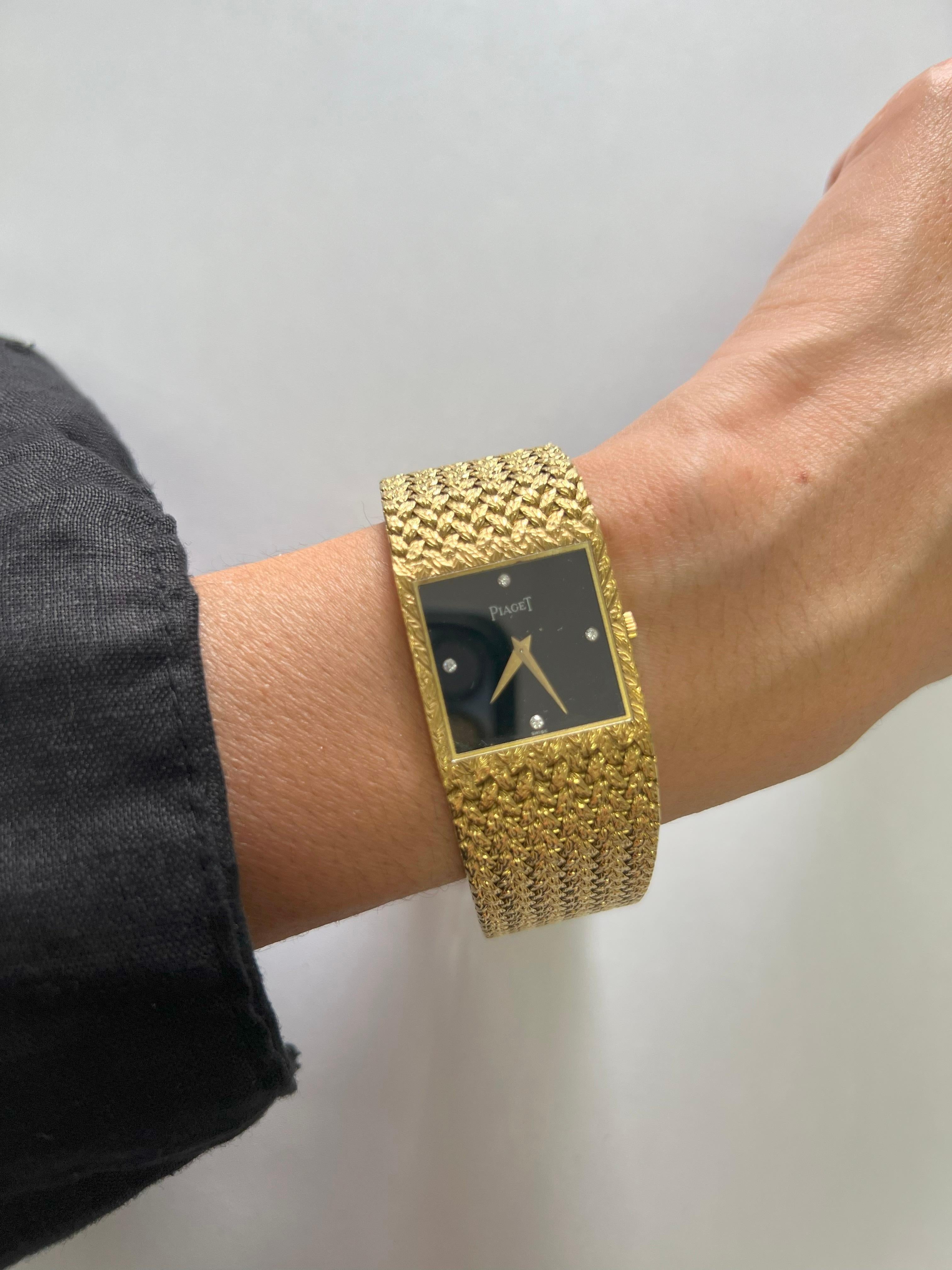 Piaget Black Diamond Dial 18 Karat Yellow Gold Mesh Design Vintage Estate Watch