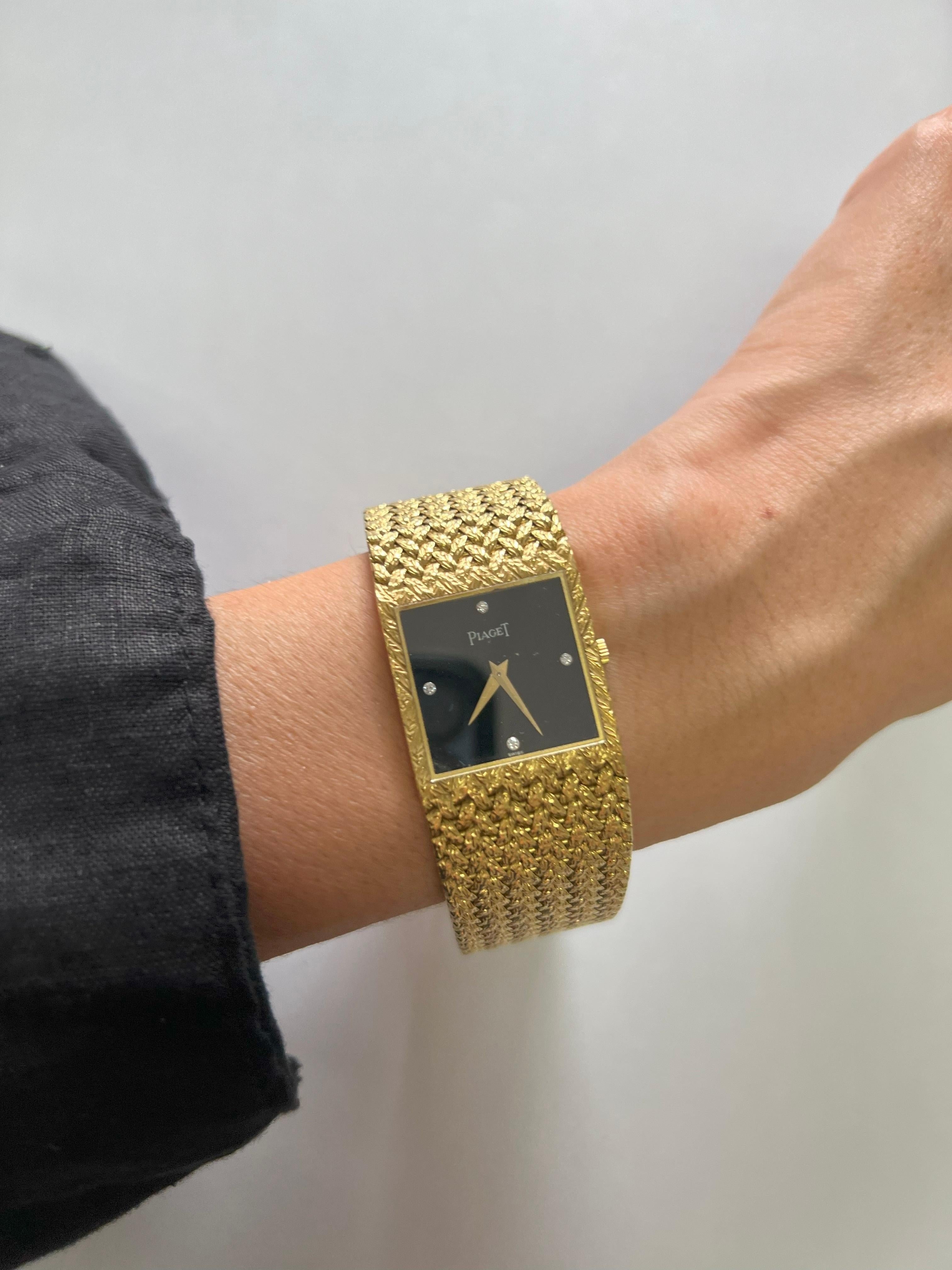 Piaget Black Diamond Dial 18 Karat Yellow Gold Mesh Design Vintage Estate Watch