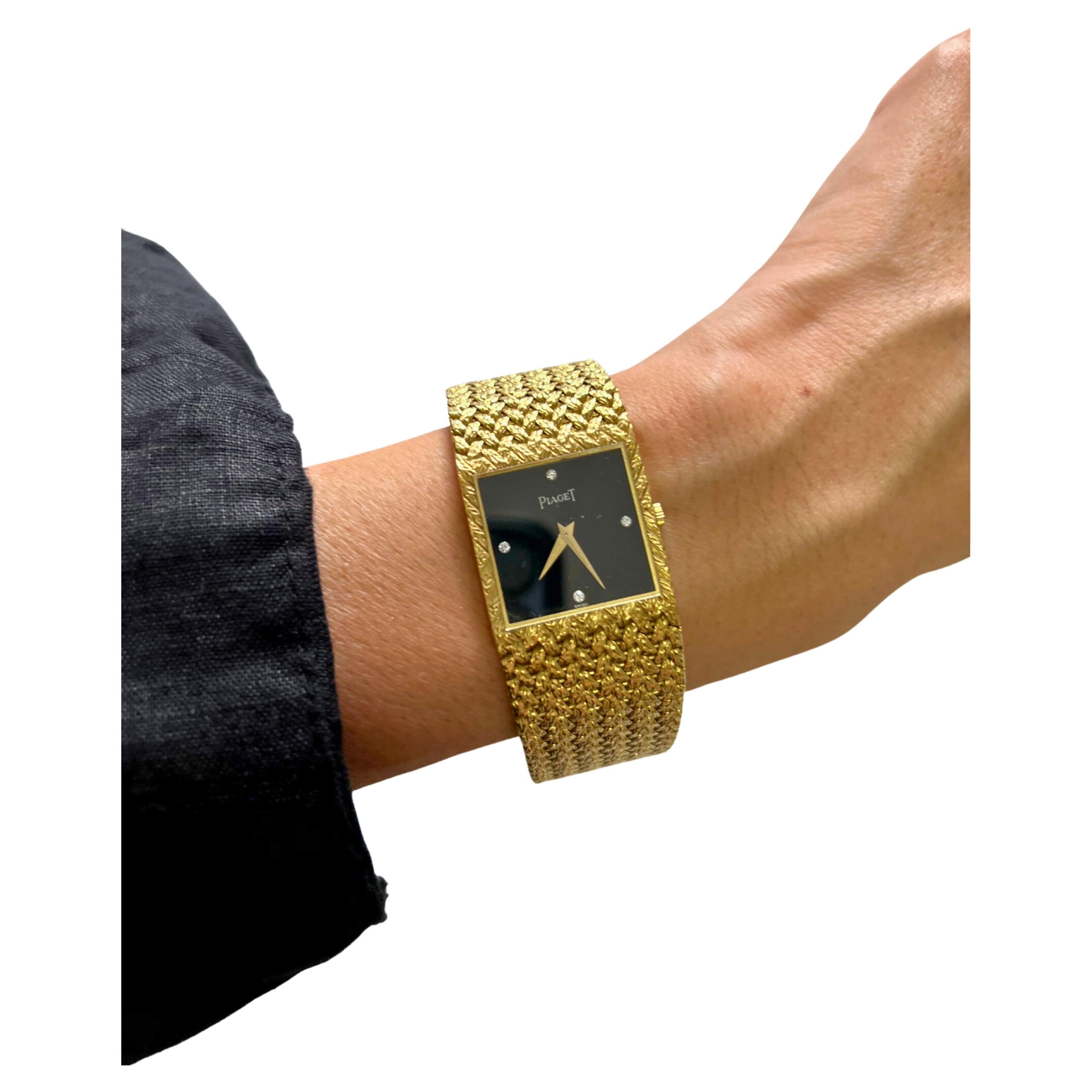 Piaget Black Diamond Dial 18 Karat Yellow Gold Mesh Design Vintage Estate Watch