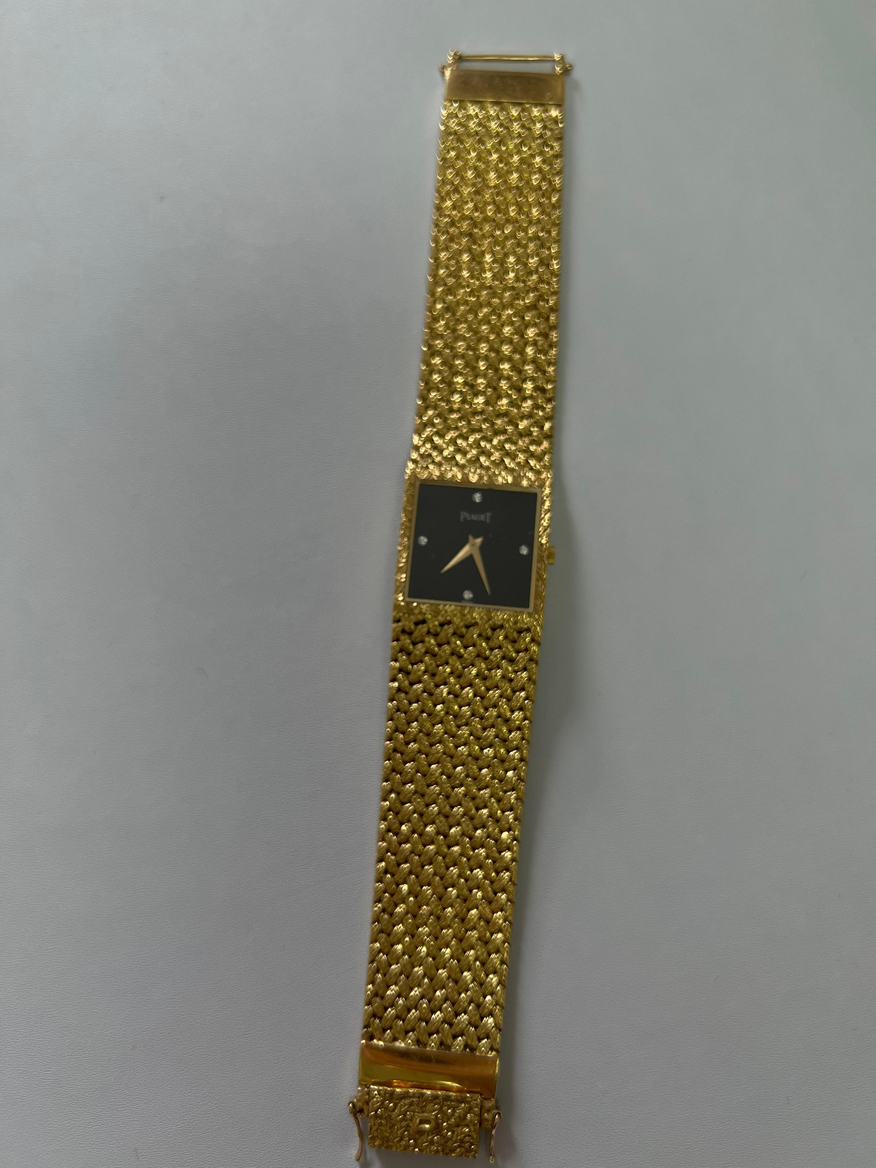 Piaget Black Diamond Dial 18 Karat Yellow Gold Mesh Design Vintage Estate Watch