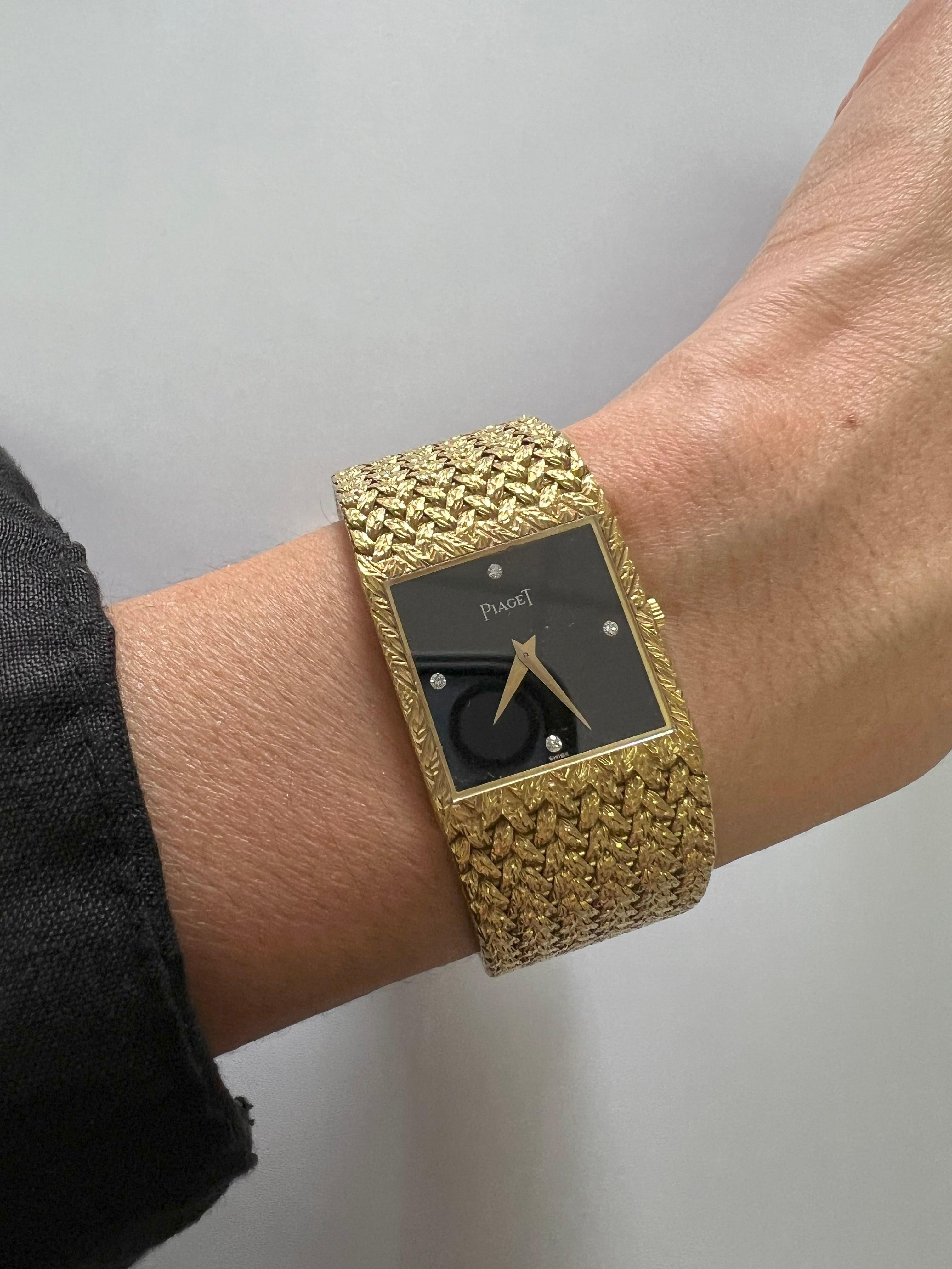Piaget Black Diamond Dial 18 Karat Yellow Gold Mesh Design Vintage Estate Watch