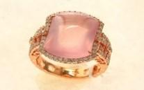 Pink Rose Quartz Cabochon Diamond Halo 18K Rose Gold Cocktail Unique Ring