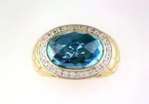 Large Oval Shape Swiss Blue Topaz 14K Horizontal Yellow Gold Dome Cocktail Ring