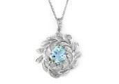 Oval Shape Blue Aquamarine Leaf Leaves 14K White Gold Diamond Pendant Necklace