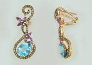 Swiss Blue Topaz Floral Flower Nature Branch Amethyst Motif Rose Gold Earrings