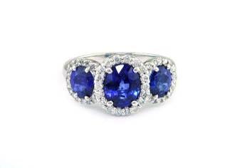 Blue Sapphire Three Side Stone Diamond Halo 14K White Gold Statement Ring