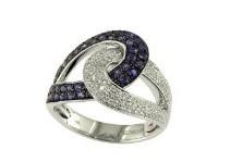 Intertwining Blue Sapphires Diamonds Interlocking Shapes White Gold Fashion Ring