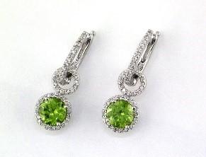 Green Peridot White Diamonds 14K White Gold Statement Huggie Earrings