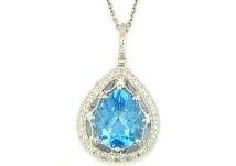 Pear Teardrop Swiss Blue Topaz 14K White Gold Diamond Halo Pendant Necklace