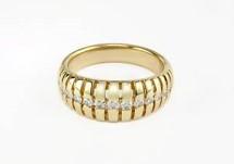 Unique Shape Diamond Channel Set 14K Yellow Gold Cocktail Grooved Dome Band Ring