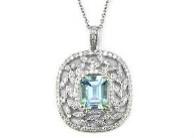 Blue Aquamarine Leaf Leaves Wreath Diamond Halo 14K White Gold Pendant Necklace