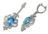 Swiss Blue Topaz White Diamonds 14K White Gold Statement Scroll Earrings