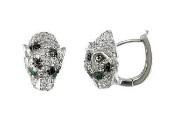 White Snow Leopard Panther Diamond Pave Set 14K White Gold Emerald Earrings