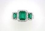 Three Stone Green Emerald & Diamond Halo 14K White Gold Classic Statement Ring