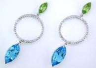 Marquise Shape Swiss Blue Topaz & Green Peridot 14K White Gold Diamond Earrings
