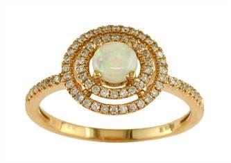 Round White Opal Double Diamond Halo 14K Rose Gold Statement Ring