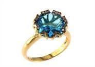 Round Swiss Blue Topaz Floral Flower Setting 14K Yellow Gold Diamonds Ring
