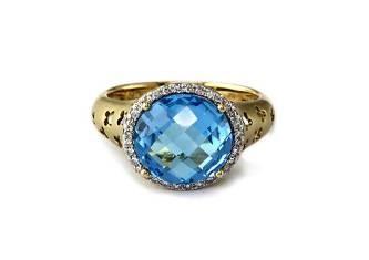 Round Swiss Blue Topaz Diamond Halo 14K Yellow Gold Statement Signet Ring