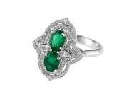 Two Stone Oval Shape Green Emerald Diamond Pave Halo Shield 14K White Gold Ring