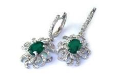 Oval Cut Green Emerald Diamond Pave Halo Oceanic Coral 14K White Gold Earrings